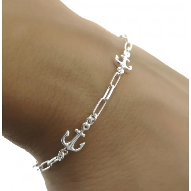 Pulsera plata Ley 925m mujer 17 cm. forzada alargada detalles anclas