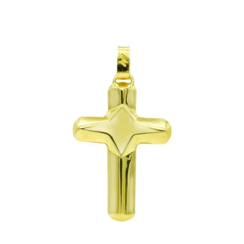 Cruz colgante oro 18k unisex 37 mm. hueca lisa detalle líneas rombo c
