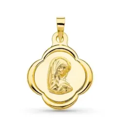 Virgen Niña medalla oro 18k niña 23 mm. forma flor Primera Comunión b
