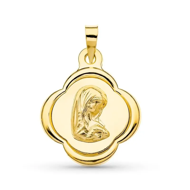 Virgen Niña medalla oro 18k niña 23 mm. forma flor Primera Comunión b