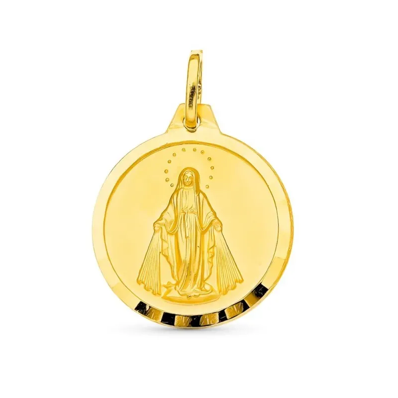 Virgen Milagrosa medalla oro 18k unisex 20 mm. bisel liso detalles ta