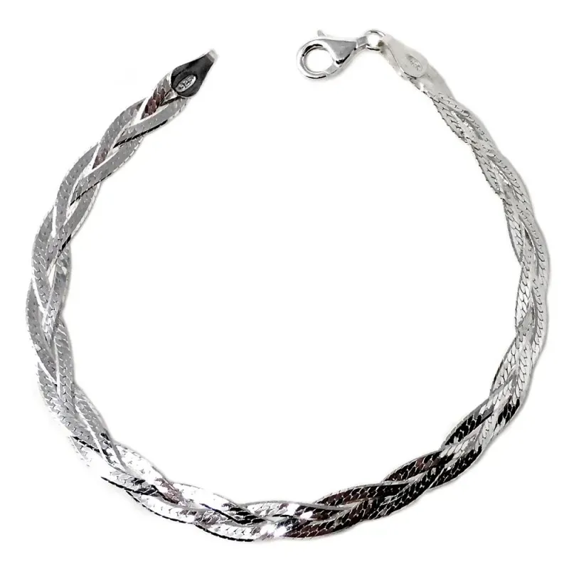 Pulsera plata Ley 925m trenzada 19cm. detalle tallado brillo semirígi