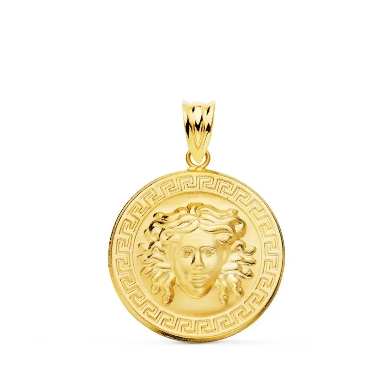 Colgante oro 18k unisex 20 mm. medusa borde detalle greca