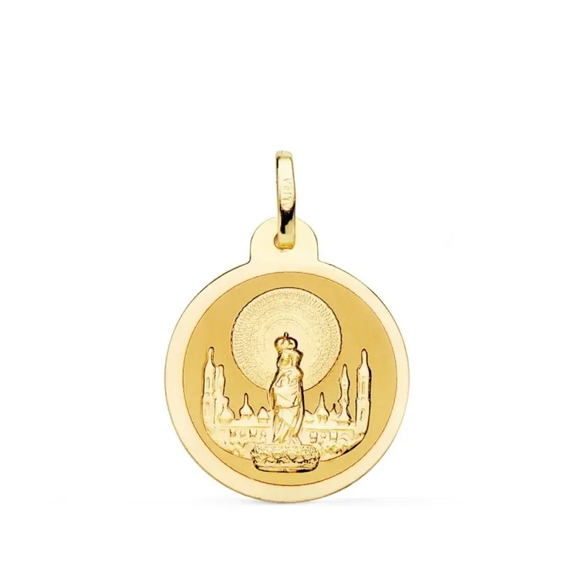 Virgen del Pilar medalla oro 18k unisex 20 mm. bisel liso brillo