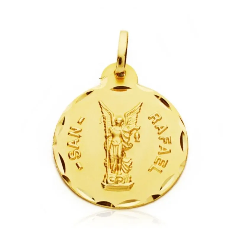 San Rafael medalla oro 18k unisex 20 mm. detalles tallados bisel