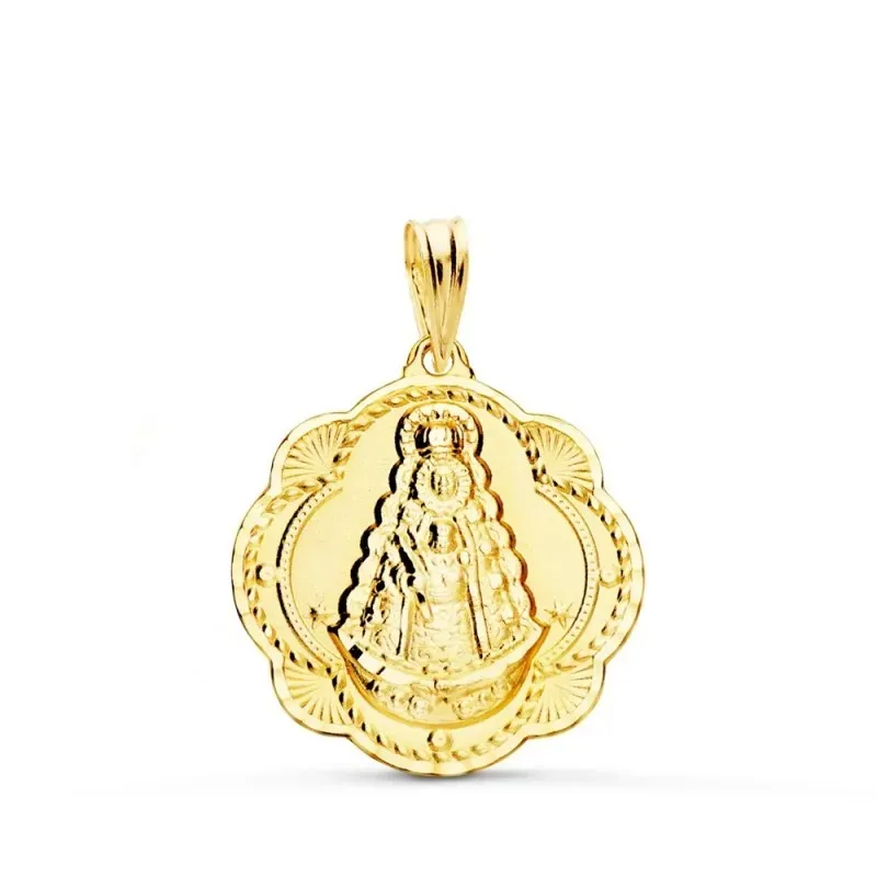 Virgen del Rocío medalla oro 18k unisex 22 mm. forma pandereta detall