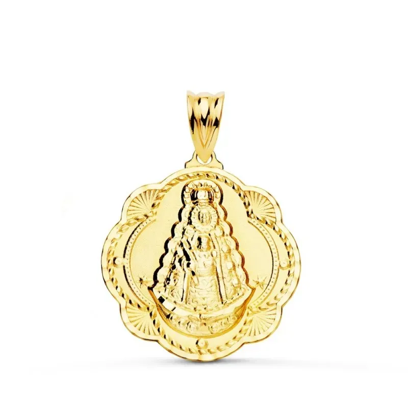 Virgen del Rocío medalla oro 18k unisex 25 mm. forma pandereta detall