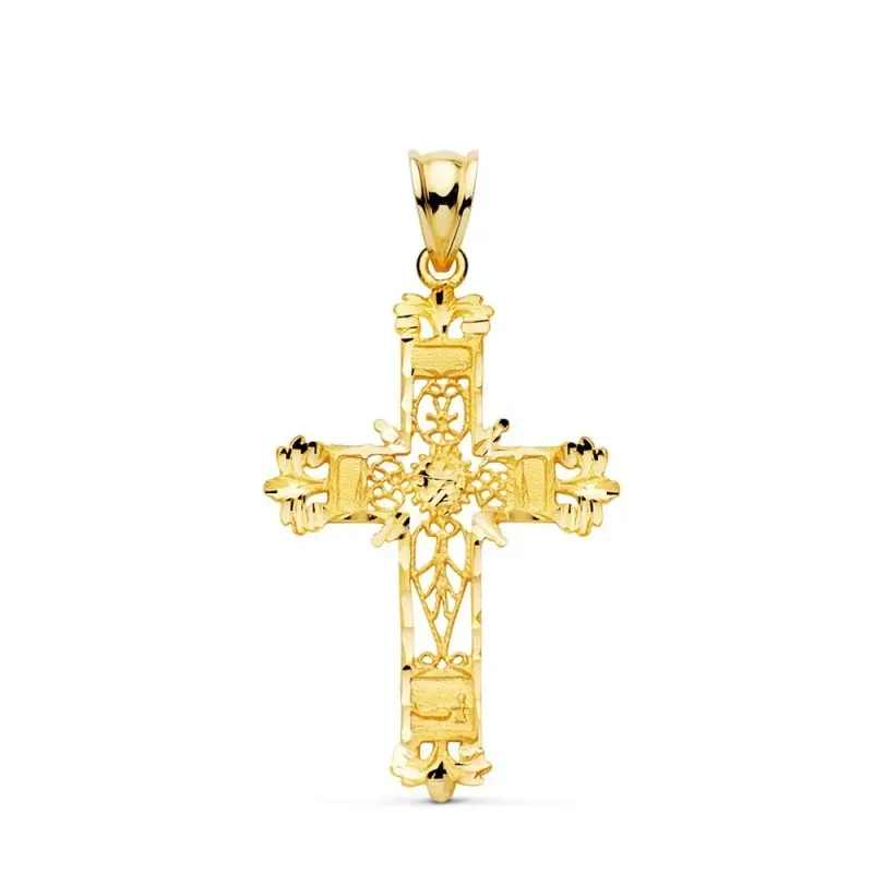 Cruz colgante oro 18k unisex 37 mm. calada filigrana bordes tallados