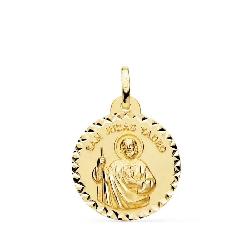 San Judas Tadeo medalla oro 18k unisex 20 mm. bordes tallados cruzado