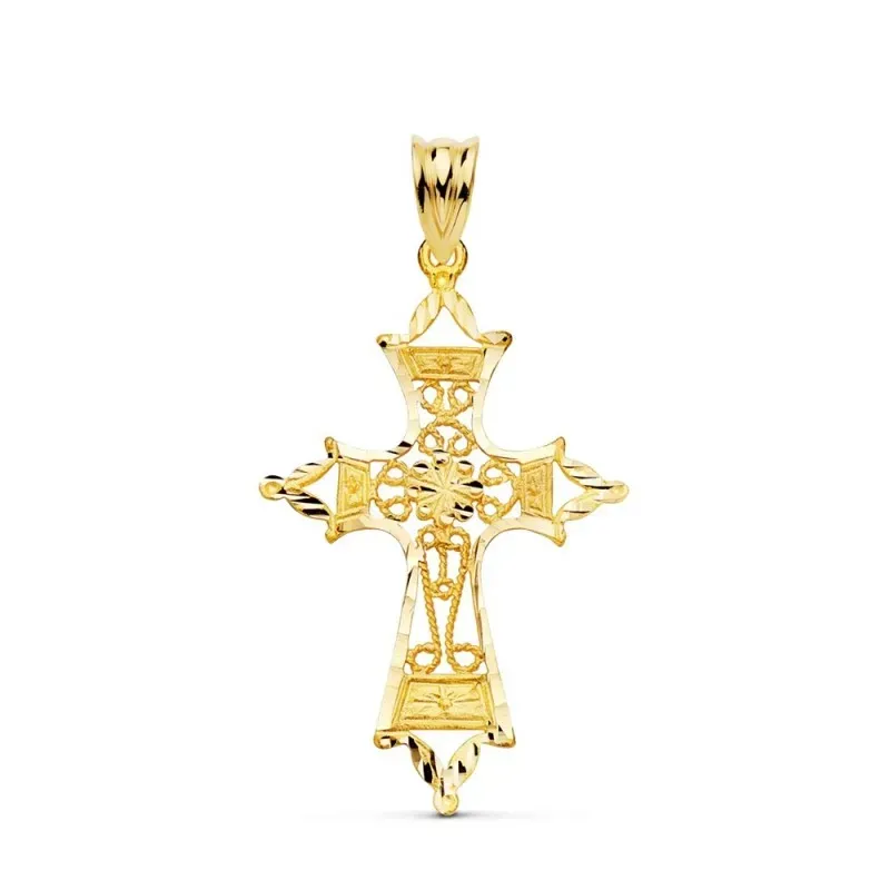 Cruz colgante oro 18k unisex 37 mm. filigrana bordes tallados
