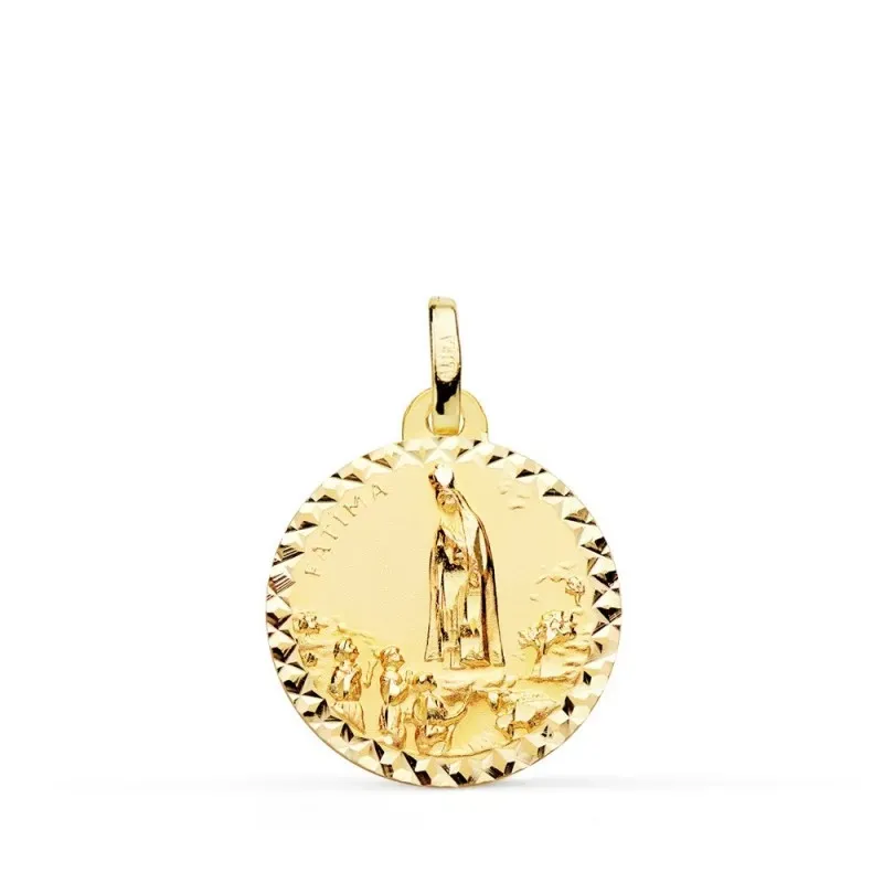 Virgen de Fátima medalla oro 18k unisex 18 mm. tallada cruzada borde