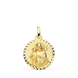 San José medalla oro 18k unisex 18 mm. lisa borde tallado cruzado