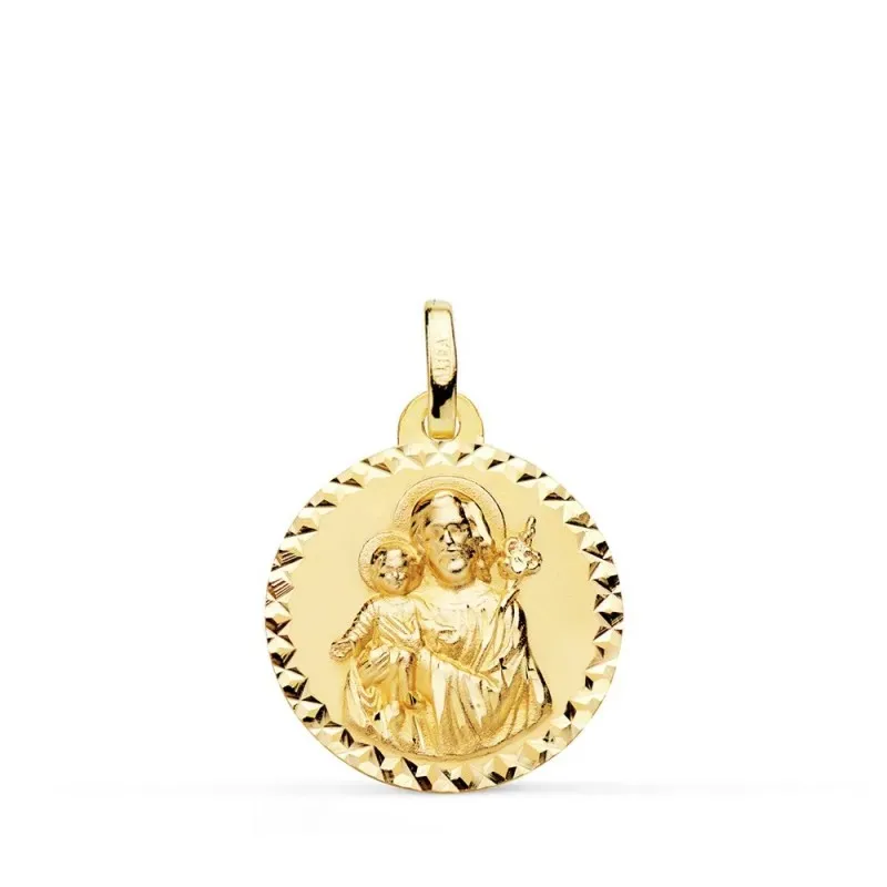 San José medalla oro 18k unisex 18 mm. lisa borde tallado cruzado