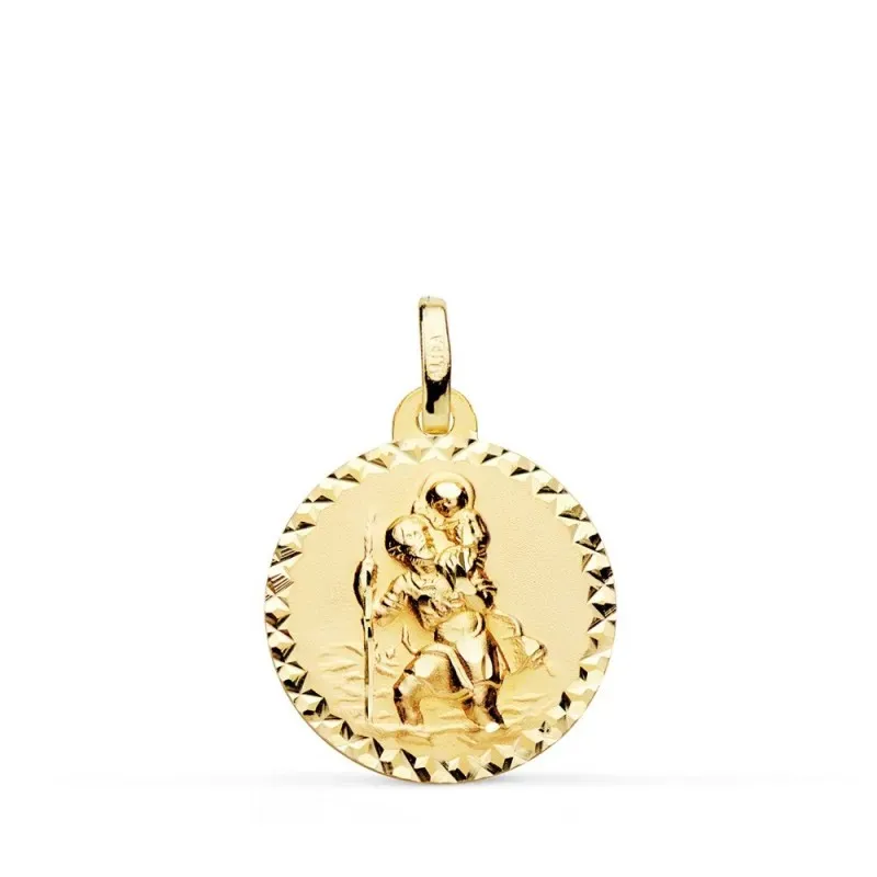 San Cristóbal medalla oro 18k unisex 18 mm. tallada cruzada borde