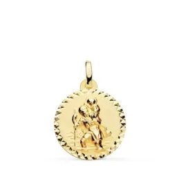 San Cristóbal medalla oro 18k unisex 18 mm. tallada cruzada borde
