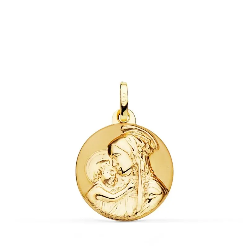 Madre Divina medalla oro 18k unisex 18 mm. lisa brillo mate