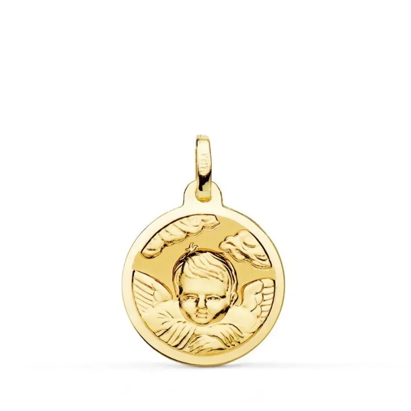 Ángel Niño nube medalla oro 18k unisex 18 mm. brillo bisel liso