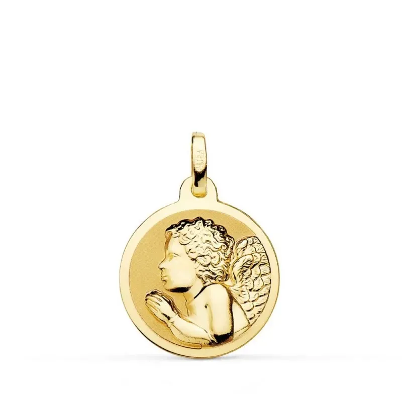 Ángel Niño Piadoso rezando medalla oro 18k unisex 18 mm. bisel liso