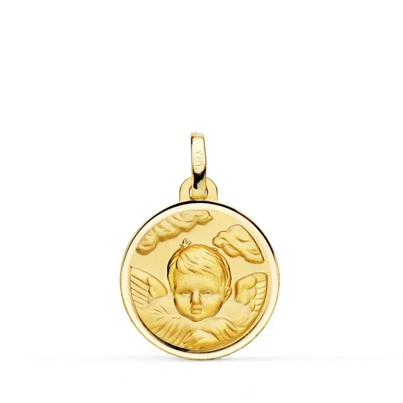 Ángel Niño en nube medalla oro 18k unisex 18 mm. detalle bisel borde