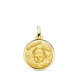 Ángel Niño en nube medalla oro 18k unisex 18 mm. detalle bisel borde