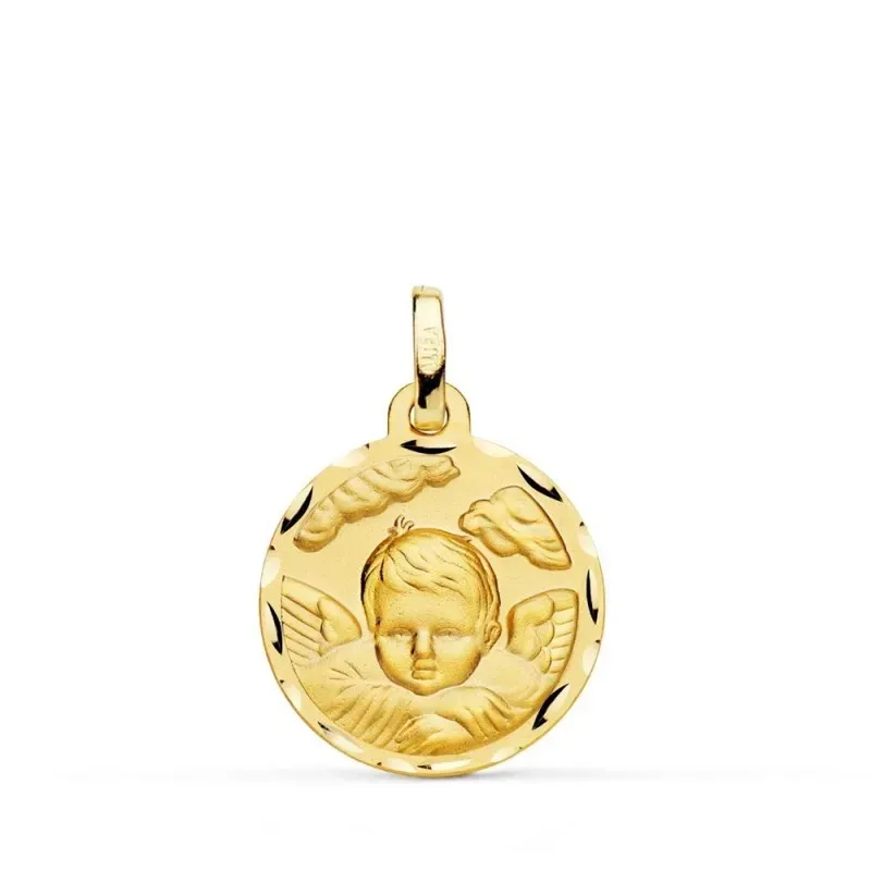 Ángel Niño en la nube medalla oro 18k unisex 18 mm. bisel tallado