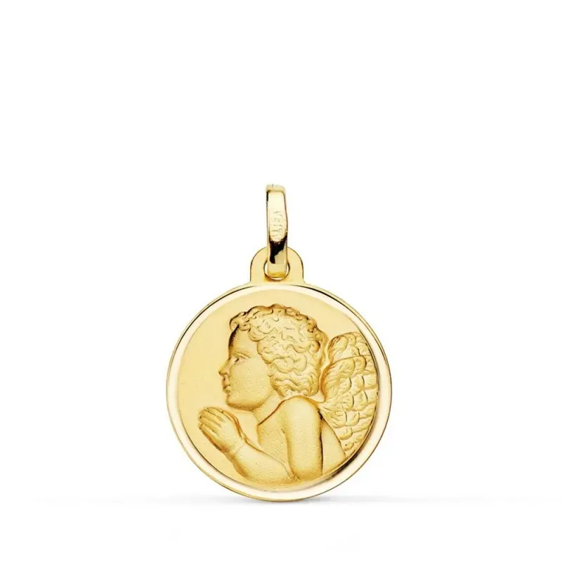 Ángel Niño Piadoso rezando medalla oro 18k unisex 18 mm. bisel liso