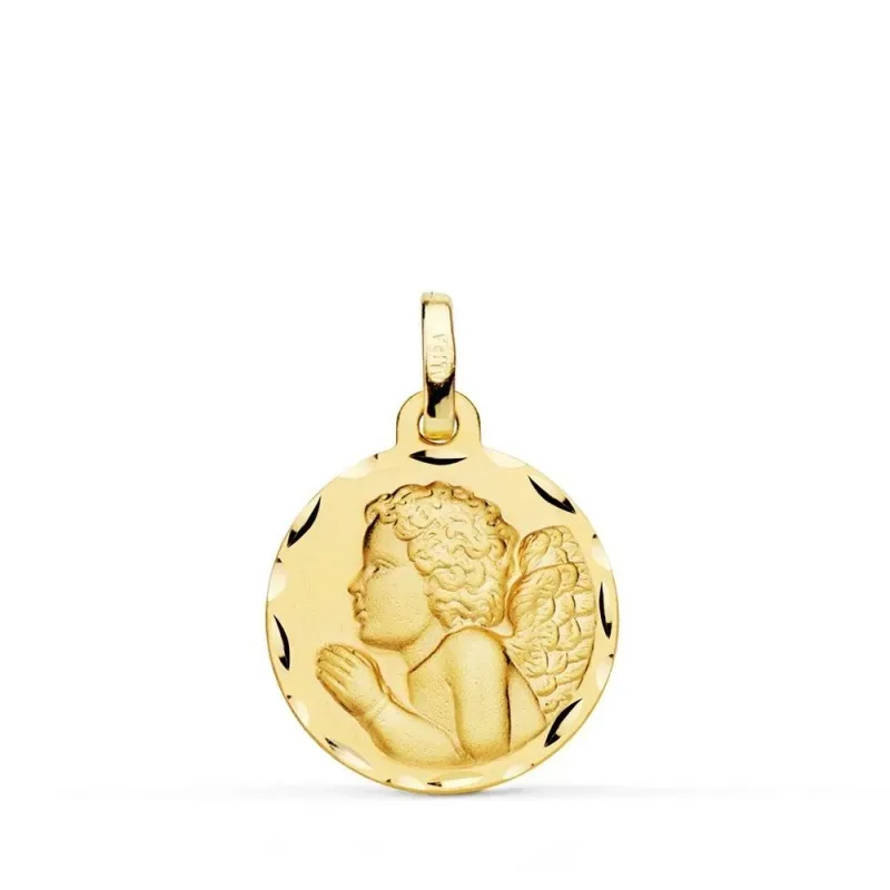 Ángel Niño Piadoso rezando medalla oro 18k unisex 18 mm. borde bisel