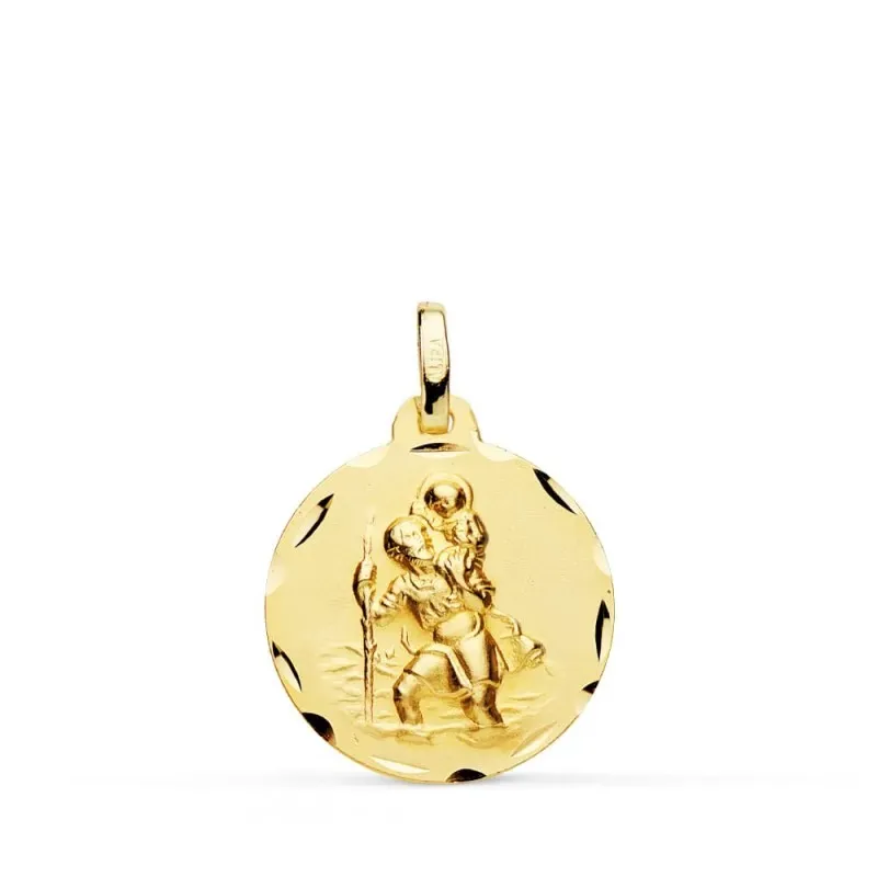 San Cristóbal medalla oro 18k unisex 18 mm. detalles tallados borde