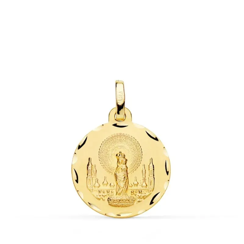 Virgen del Pilar medalla oro 18k unisex 18 mm. bordes detalles tallad