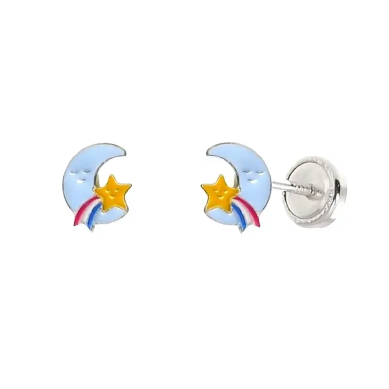 Pendientes plata Ley 925m niña 6 mm. luna esmaltados color tornillo