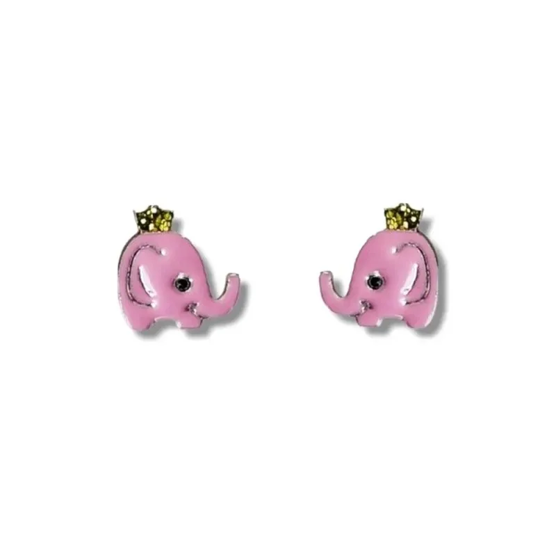 Pendientes plata Ley 925m niña 6 mm. elefante esmaltado rosa corona t