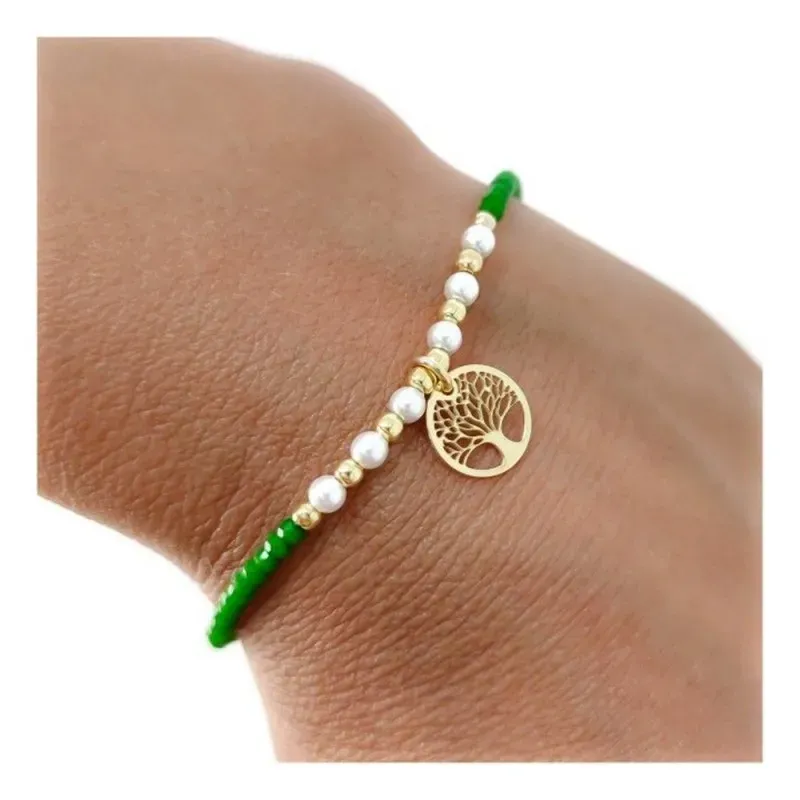 Pulsera plata Ley 925m chapada oro mujer 17 cm. piedras verdes combin