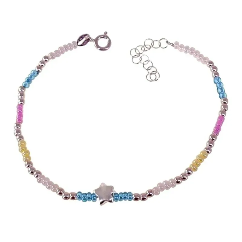 Pulsera plata Ley 925m mujer 17 cm. combinada colores estrella lisa 6