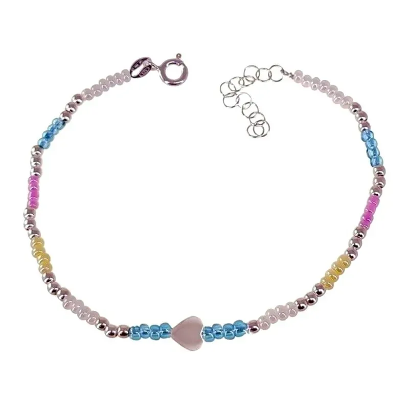 Pulsera plata Ley 925m mujer 17 cm. combinada colores corazón 6 mm. r