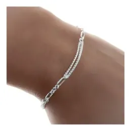 Pulsera plata Ley 925m mujer 17 cm. barbada doble eslabones combinado