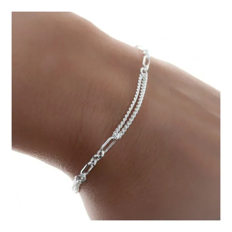 Pulsera plata Ley 925m mujer 17 cm. barbada doble eslabones combinado