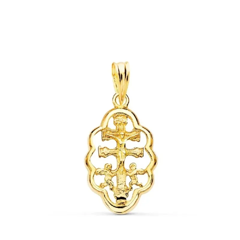 Cruz Caravaca colgante oro 18k unisex 18 mm. Crucifijo cerco ovalado