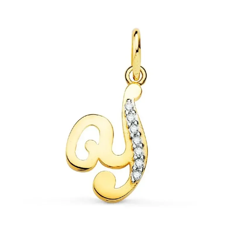 Colgante oro 18k letra Y mayúscula 11mm. lisa combinada circonitas