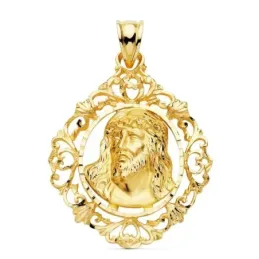 Cabeza rostro Cristo oro 18k colgante unisex 32 mm. cerco calado deta