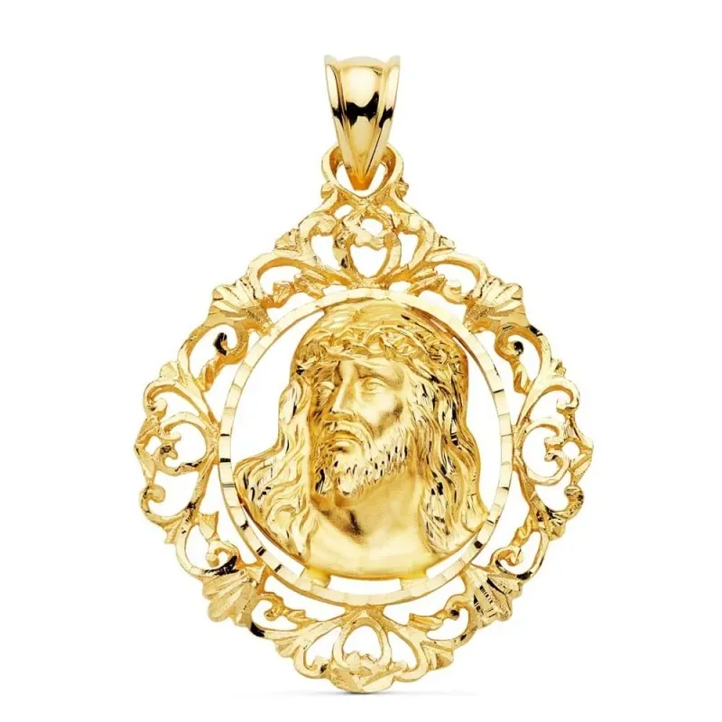 Cabeza rostro Cristo oro 18k colgante unisex 32 mm. cerco calado deta