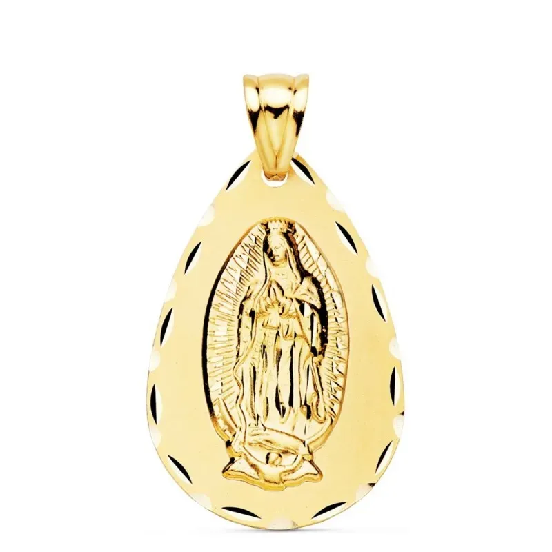Virgen de Guadalupe Medalla Oro 18k unisex 36 mm. forma gota. Grabaci