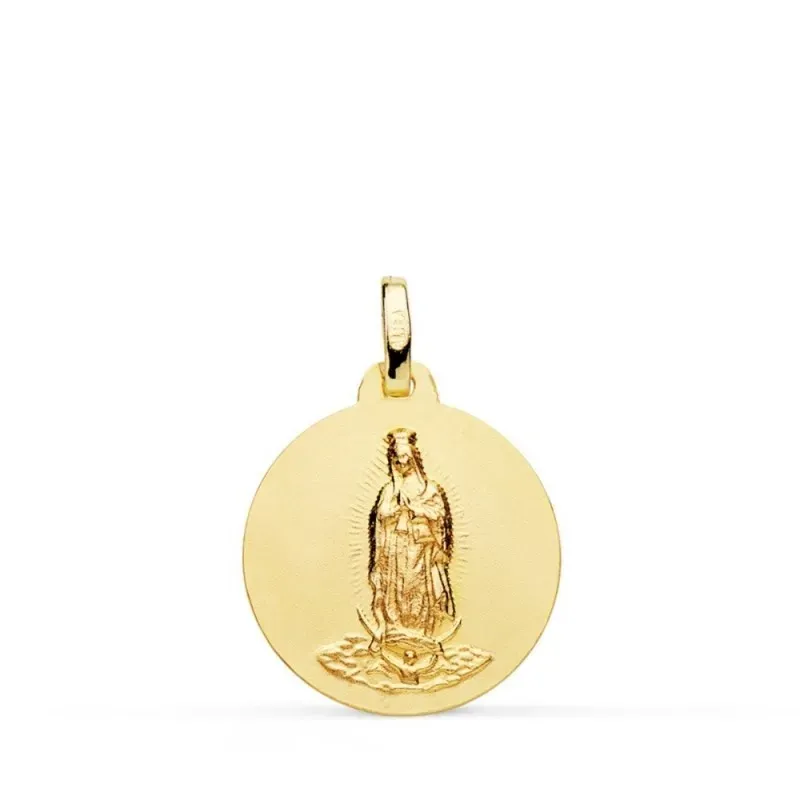 Virgen de Guadalupe Medalla Oro 18k unisex 18 mm. lisa mate. Grabació