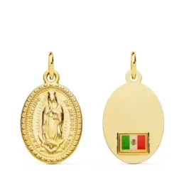 Virgen de Guadalupe Medalla Oro 18k unisex 18 mm. ovalada bandera Méx