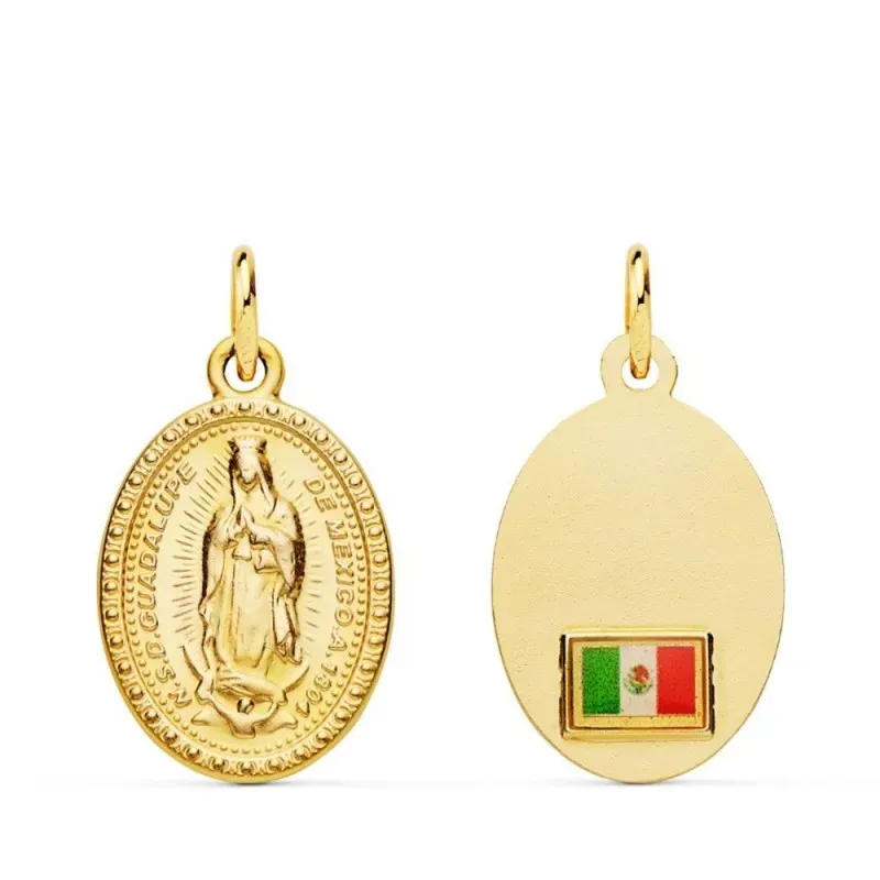 Virgen de Guadalupe Medalla Oro 18k unisex 18 mm. ovalada bandera Méx