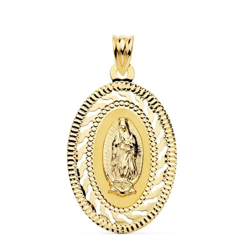 Virgen de Guadalupe Medalla Oro 18k unisex 34 mm. ovalada cerco calad
