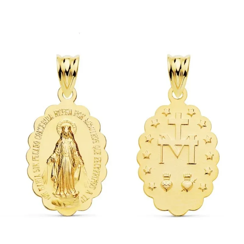 Virgen Milagrosa Medalla Oro 18k unisex 20 mm. borde ondulado detalle