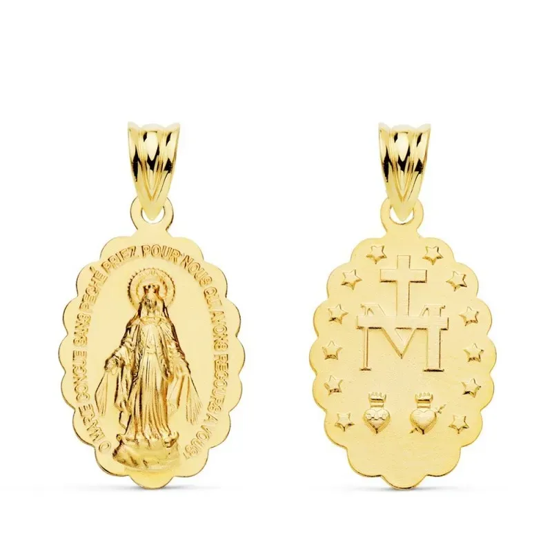 Virgen Milagrosa Medalla Oro 18k unisex 20 mm. borde ondulado trasera