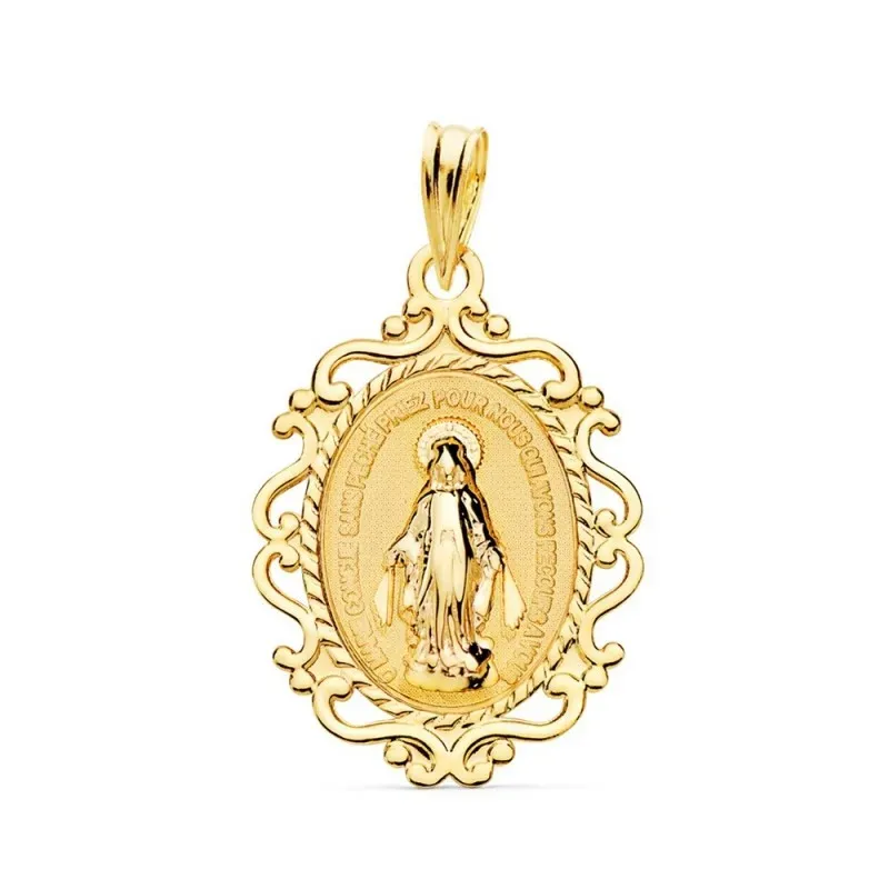 Virgen Milagrosa Medalla Oro 18k unisex 23 mm. ovalada mensaje francé