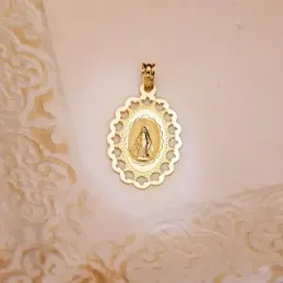 Virgen Milagrosa Medalla Oro 18k unisex 34 mm. cerco ondulado calado