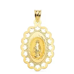 Virgen Milagrosa Medalla Oro 18k unisex 34 mm. cerco calado. Grabació